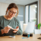 Woman with glucose monitor